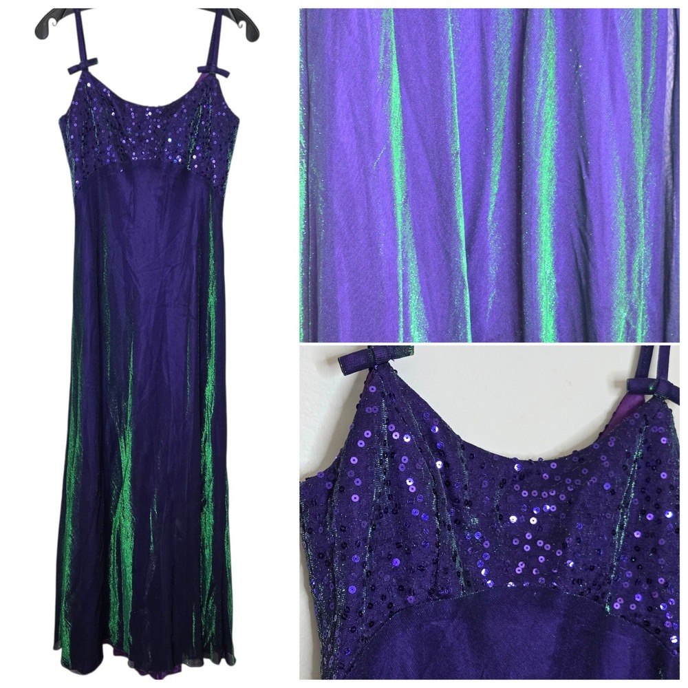 VTG Blondie Nites Y2K Purple Green Iridescent Sequin Maxi Gown Prom Dress 7/8